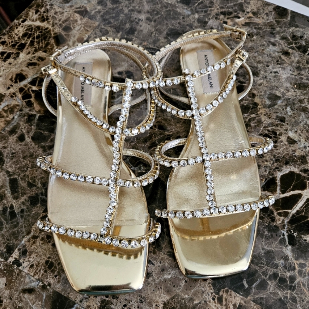Antonio MelaniDayla Metallic Leather Jeweled T-Strap Flat Sandals